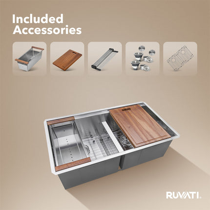 Ruvati 33-inch Workstation Ledge 50/50 Double Bowl Undermount 16 Gauge Stainless Steel Kitchen Sink - RVH8350 Ruvati