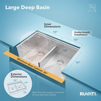 Ruvati 33-inch Workstation Ledge 50/50 Double Bowl Undermount 16 Gauge Stainless Steel Kitchen Sink - RVH8350 Ruvati