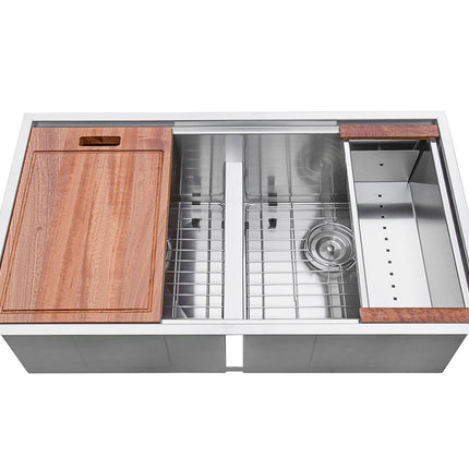 Ruvati 33-inch Workstation Ledge 50/50 Double Bowl Undermount 16 Gauge Stainless Steel Kitchen Sink - RVH8350 Ruvati