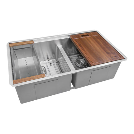 Ruvati 33-inch Workstation Ledge Rounded Corners 50/50 Double Bowl Undermount Kitchen Sink - RVH8351 Ruvati