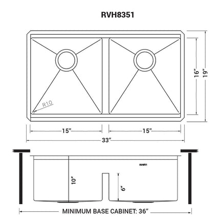 Ruvati 33-inch Workstation Ledge Rounded Corners 50/50 Double Bowl Undermount Kitchen Sink - RVH8351 Ruvati