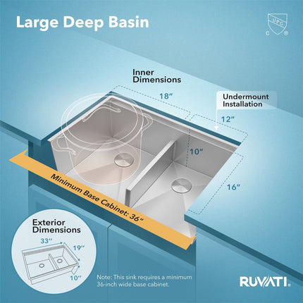 Ruvati 33-inch Workstation Ledge 60/40 Double Bowl Undermount 16 Gauge Stainless Steel Kitchen Sink - RVH8356 Ruvati