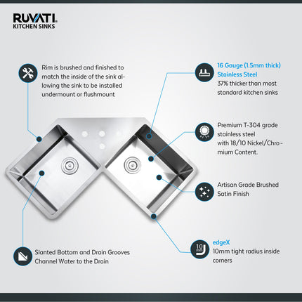 Ruvati Corner Butterfly Undermount Kitchen Sink 16 Gauge 44" Double Bowl - RVH8400 Ruvati