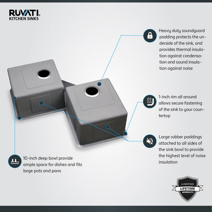 Ruvati Corner Butterfly Undermount Kitchen Sink 16 Gauge 44" Double Bowl - RVH8400 Ruvati