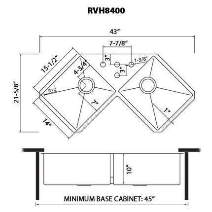 Ruvati Corner Butterfly Undermount Kitchen Sink 16 Gauge 44" Double Bowl - RVH8400 Ruvati
