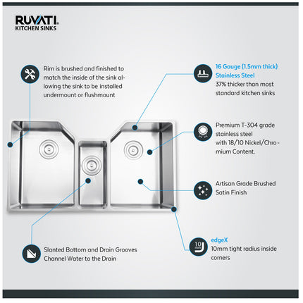 Ruvati 35" Triple Bowl Undermount 16 Gauge Stainless Steel Kitchen Sink - RVH8500 Ruvati