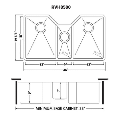 Ruvati 35" Triple Bowl Undermount 16 Gauge Stainless Steel Kitchen Sink - RVH8500 Ruvati