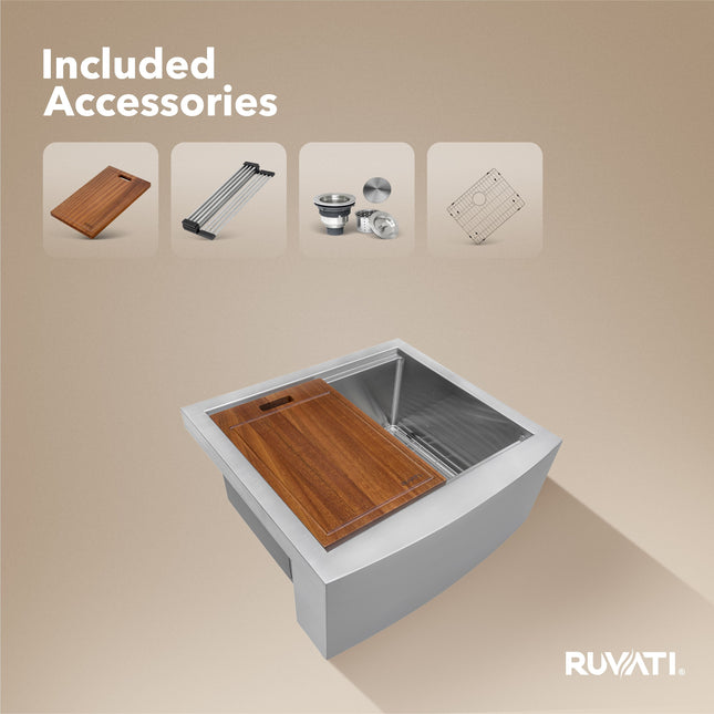 Ruvati 24-inch Apron-front Workstation Farmhouse Kitchen Sink 16 Gauge Stainless Steel Single Bowl - RVH9020 Ruvati