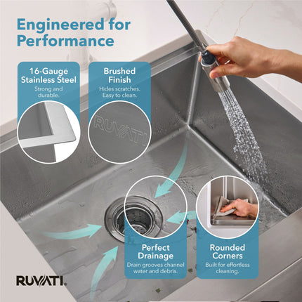 Ruvati 24-inch Apron-front Workstation Farmhouse Kitchen Sink 16 Gauge Stainless Steel Single Bowl - RVH9020 Ruvati
