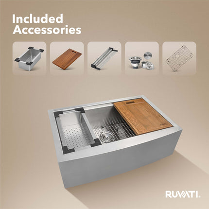 Ruvati 30-inch Apron-front Workstation Farmhouse Kitchen Sink 16 Gauge Stainless Steel Single Bowl - RVH9100 Ruvati