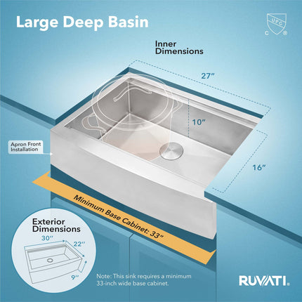 Ruvati 30-inch Apron-front Workstation Farmhouse Kitchen Sink 16 Gauge Stainless Steel Single Bowl - RVH9100 Ruvati