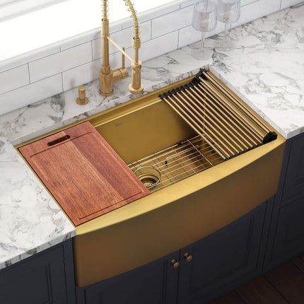 Ruvati 30-inch Matte Gold Workstation Apron-Front Brass Tone Stainless Steel Kitchen Sink - RVH9106GG Ruvati