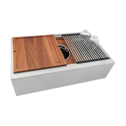 Ruvati 33-inch Workstation Two-Tiered Ledge Kitchen Sink Apron-Front 16 Gauge Stainless Steel - RVH9222 Ruvati