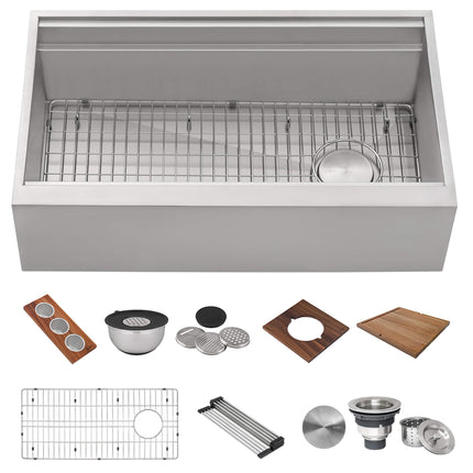 Ruvati 33-inch Workstation Two-Tiered Ledge Kitchen Sink Apron-Front 16 Gauge Stainless Steel - RVH9222 Ruvati