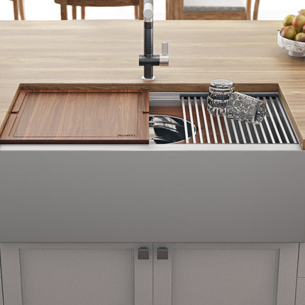 Ruvati 33-inch Workstation Two-Tiered Ledge Kitchen Sink Apron-Front 16 Gauge Stainless Steel - RVH9222 Ruvati