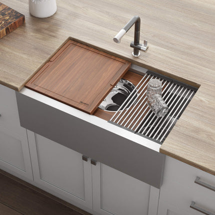 Ruvati 33-inch Workstation Two-Tiered Ledge Kitchen Sink Apron-Front 16 Gauge Stainless Steel - RVH9222 Ruvati