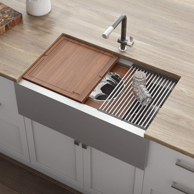 Ruvati 33-inch Workstation Two-Tiered Ledge Kitchen Sink Apron-Front 16 Gauge Stainless Steel - RVH9222 Ruvati