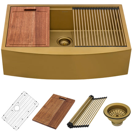 Ruvati 36-inch Matte Gold Workstation Apron-Front Brass Tone Stainless Steel Kitchen Sink - RVH9308GG Ruvati