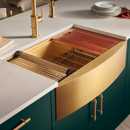 Ruvati 36-inch Matte Gold Workstation Apron-Front Brass Tone Stainless Steel Kitchen Sink - RVH9308GG Ruvati