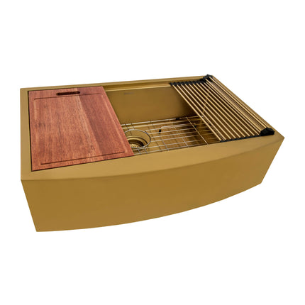 Ruvati 36-inch Matte Gold Workstation Apron-Front Brass Tone Stainless Steel Kitchen Sink - RVH9308GG Ruvati