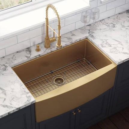 Ruvati 33-inch Apron-Front Farmhouse Kitchen Sink - Brass Tone Matte Gold Stainless Steel Single Bowl - RVH9733GG Ruvati