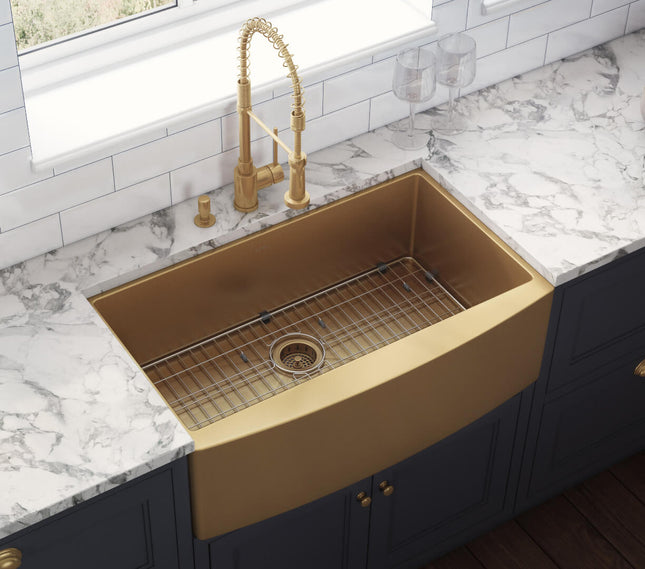 Ruvati 33-inch Apron-Front Farmhouse Kitchen Sink - Brass Tone Matte Gold Stainless Steel Single Bowl - RVH9733GG Ruvati