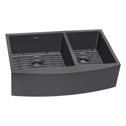 Ruvati 33-inch Gunmetal Black Stainless Steel 60/40 Double Bowl Apron-Front Farmhouse Kitchen Sink - RVH9742BL Ruvati