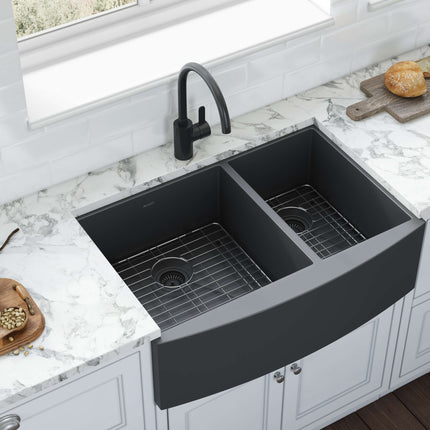 Ruvati 33-inch Gunmetal Black Stainless Steel 60/40 Double Bowl Apron-Front Farmhouse Kitchen Sink - RVH9742BL Ruvati