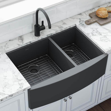 Ruvati 33-inch Gunmetal Black Stainless Steel 60/40 Double Bowl Apron-Front Farmhouse Kitchen Sink - RVH9742BL Ruvati