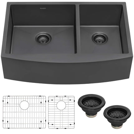 Ruvati 33-inch Gunmetal Black Stainless Steel 60/40 Double Bowl Apron-Front Farmhouse Kitchen Sink - RVH9742BL Ruvati
