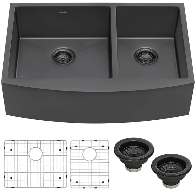 Ruvati 33-inch Gunmetal Black Stainless Steel 60/40 Double Bowl Apron-Front Farmhouse Kitchen Sink - RVH9742BL Ruvati