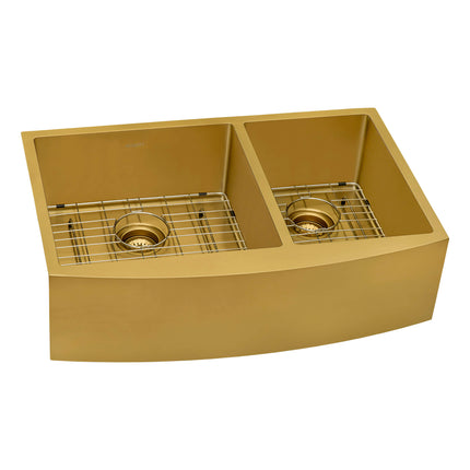 Ruvati 33-inch Satin Brass Matte Gold Stainless Steel 60/40 Double Bowl Apron-Front Farmhouse Kitchen Sink - RVH9742GG Ruvati