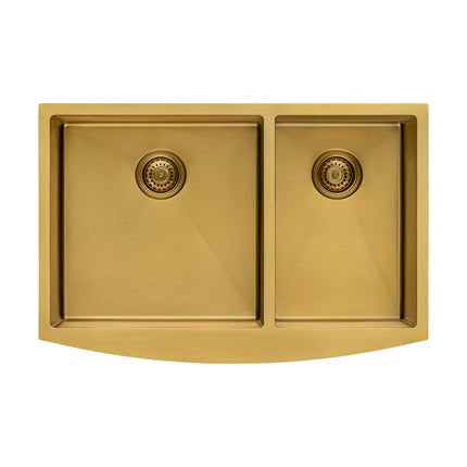 Ruvati 33-inch Satin Brass Matte Gold Stainless Steel 60/40 Double Bowl Apron-Front Farmhouse Kitchen Sink - RVH9742GG Ruvati