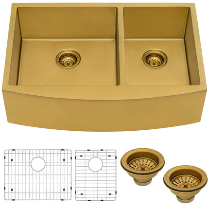 Ruvati 33-inch Satin Brass Matte Gold Stainless Steel 60/40 Double Bowl Apron-Front Farmhouse Kitchen Sink - RVH9742GG Ruvati
