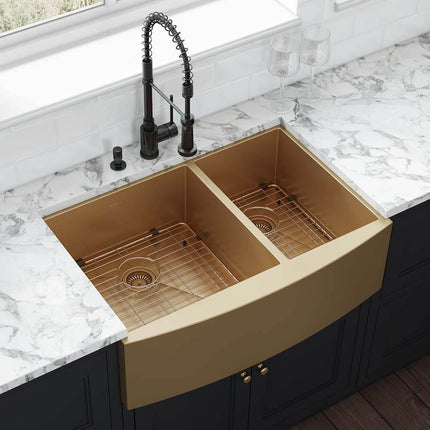 Ruvati 33-inch Satin Brass Matte Gold Stainless Steel 60/40 Double Bowl Apron-Front Farmhouse Kitchen Sink - RVH9742GG Ruvati