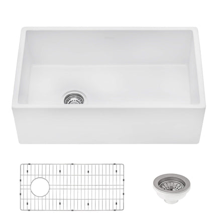 Ruvati 30-inch Fireclay Farmhouse Offset Drain Kitchen Sink Single Bowl White - Left Drain - RVL2018WL Ruvati