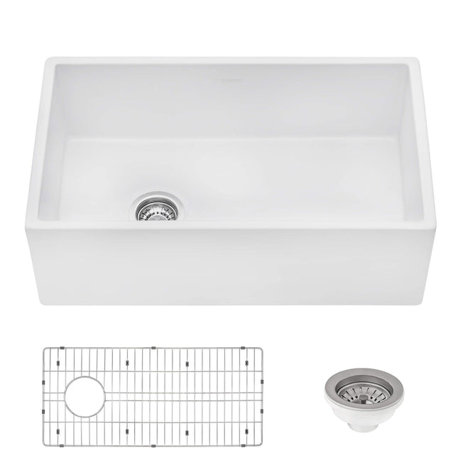 Ruvati 30-inch Fireclay Farmhouse Offset Drain Kitchen Sink Single Bowl White - Left Drain - RVL2018WL Ruvati
