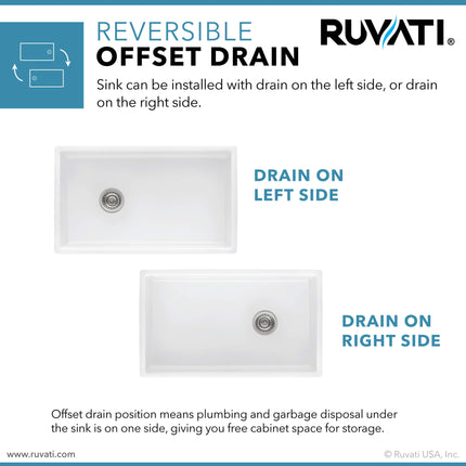 Ruvati 30-inch Fireclay Farmhouse Offset Drain Kitchen Sink Single Bowl White - Left Drain - RVL2018WL Ruvati