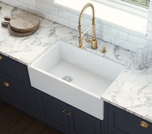 Ruvati 30-inch Fireclay Farmhouse Offset Drain Kitchen Sink Single Bowl White - Left Drain - RVL2018WL Ruvati