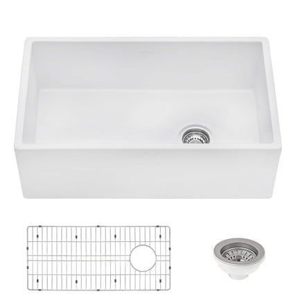 Ruvati 30-inch Fireclay Farmhouse Offset Drain Kitchen Sink Single Bowl White - Right Drain - RVL2018WR Ruvati