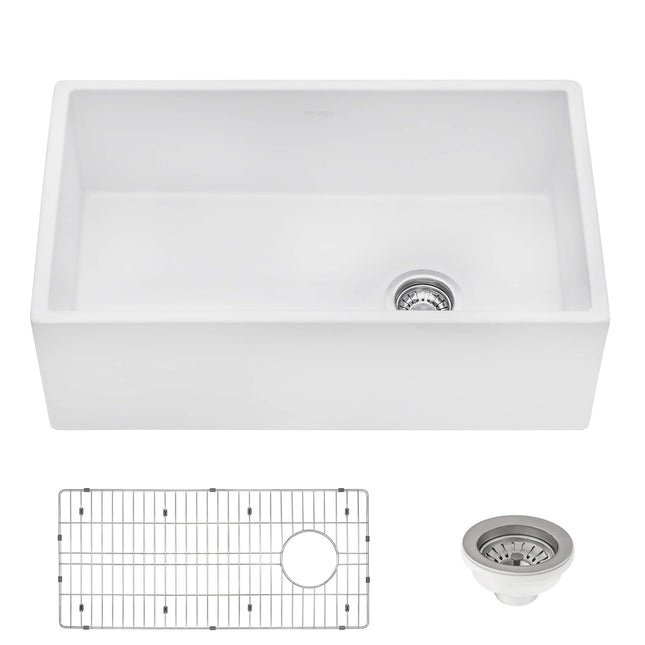 Ruvati 30-inch Fireclay Farmhouse Offset Drain Kitchen Sink Single Bowl White - Right Drain - RVL2018WR Ruvati