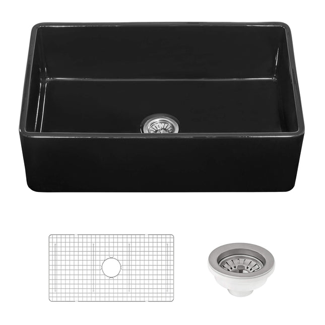 Ruvati 30 x 20 inch Fireclay Reversible Farmhouse Apron-Front Kitchen Sink Single Bowl - Glossy Black - RVL2100BK Ruvati