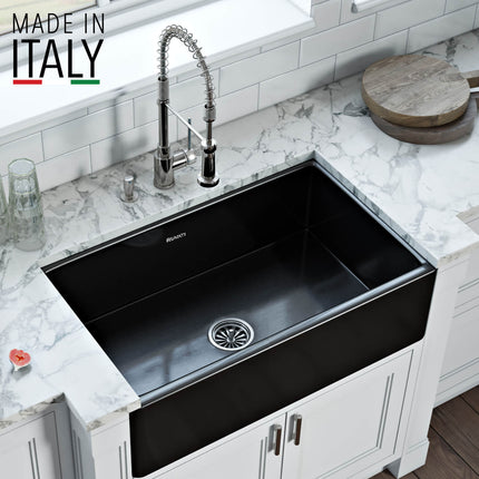 Ruvati 30 x 20 inch Fireclay Reversible Farmhouse Apron-Front Kitchen Sink Single Bowl - Glossy Black - RVL2100BK Ruvati