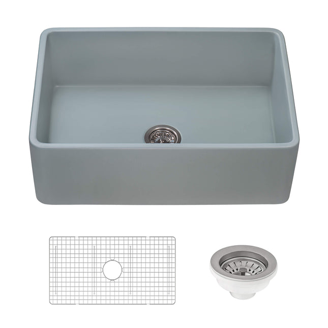 Ruvati 30 x 20 inch Fireclay Reversible Farmhouse Apron-Front Kitchen Sink Single Bowl - Gray - RVL2100GR Ruvati