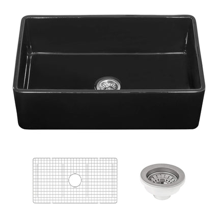 Ruvati 33 x 20 inch Fireclay Reversible Farmhouse Apron-Front Kitchen Sink Single Bowl - Glossy Black - RVL2300BK Ruvati