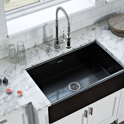 Ruvati 33 x 20 inch Fireclay Reversible Farmhouse Apron-Front Kitchen Sink Single Bowl - Glossy Black - RVL2300BK Ruvati