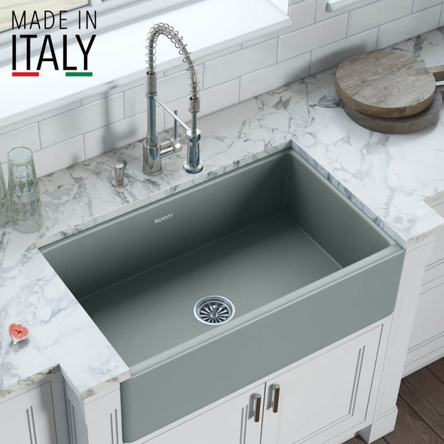 Ruvati 33 x 20 inch Fireclay Reversible Farmhouse Apron-Front Kitchen Sink Single Bowl - Horizon Gray - RVL2300GR Ruvati