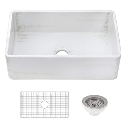 Ruvati 33 x 20 inch Fireclay Reversible Farmhouse Apron-Front Kitchen Sink Specialty Finish - Distressed White - RVL2300SW Ruvati