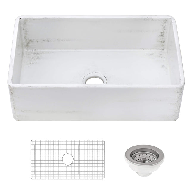 Ruvati 33 x 20 inch Fireclay Reversible Farmhouse Apron-Front Kitchen Sink Specialty Finish - Distressed White - RVL2300SW Ruvati