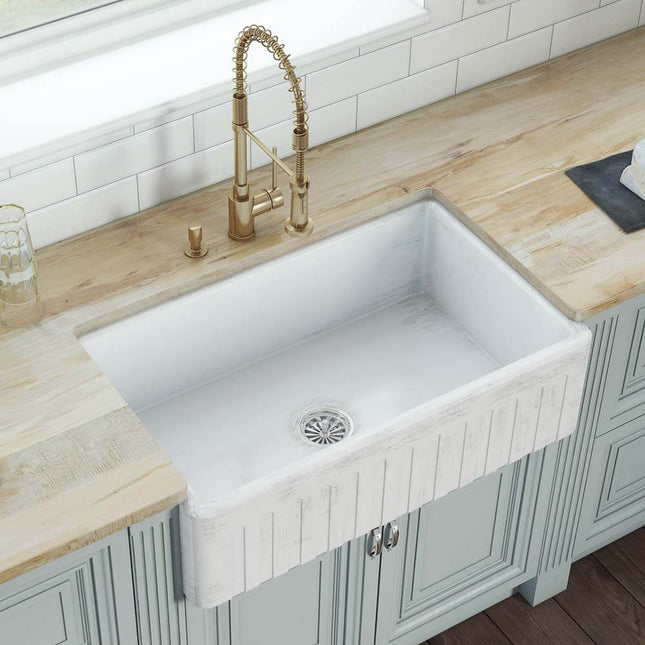 Ruvati 33 x 20 inch Fireclay Reversible Farmhouse Apron-Front Kitchen Sink Specialty Finish - Distressed White - RVL2300SW Ruvati